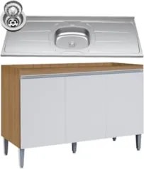 Balcão de Cozinha com Pia Inox 120cm Manu Amêndoa/Branco - AJL Móve