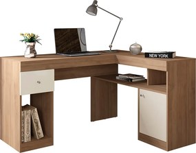 Mesa para Escritório Noma Home Tampo em L Porta e Gaveta MDP Mel/OffWhite G11 - Gran Belo