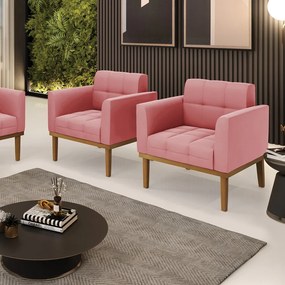 Kit 2 Poltronas Decorativas Karen Pés Fixo em Madeira Castanho Suede Rose G19 - Gran Belo
