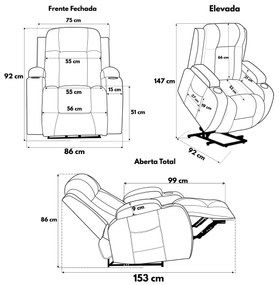 Poltrona do Papai Lift Sala de Estar Reclinável Austin Elétrica Aquecimento Massagem PU Preto G94 - Gran Belo