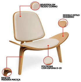 Poltrona Decorativa Base de Madeira Shell Sintético P01 - D'Rossi - Bege