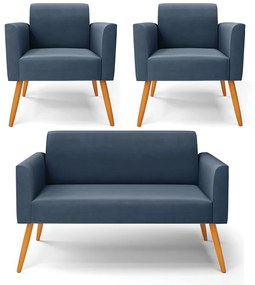 Sofá Namoradeira com 2 Poltronas Pés Palito Castanho Marisa Suede Azul Marinho D03 - D'Rossi