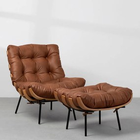 Poltrona Costela com Puff Couro Natural Caramelo - Poltrona Costela com Puff Couro Natural - Caramelo