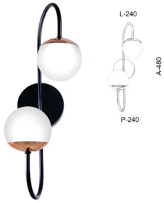 Arandela Globo Haste Curva Dupla 24X24X48Cm Metal E Globo Ø12Cm 02Xg9... (PRETO, FOSCO (BRANCO))