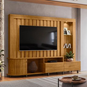 Estante de TV 70 Pol 243cm Ripado Sala de Estar Nivora M20 - D'Rossi - Cumaru