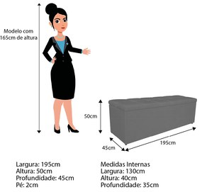 Calçadeira Estofada Manchester 195 cm King Size Linho Chumbo - ADJ Decor