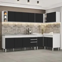 Armário de Cozinha Modulado de Canto 7 Peças CP36 com Pia Inox Branco/