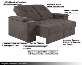 Sofá 3 Lugares 207cm Retrátil e Reclinável com 2 Porta Copos USB Calvin Veludo Tabaco G46 - Gran Belo
