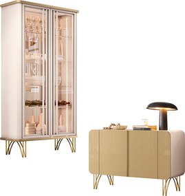 Conjunto 1 Cristaleira e 1 Buffet Decorativo Texas/Bambino Off White/Champagne G26 - Gran Belo