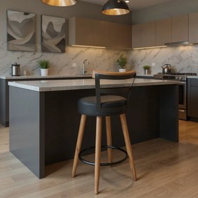 Banqueta Alta Cozinha 70cm Encosto Pé Madeira Kyara Pu S02 - D'Rossi - Preto