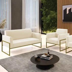 Sofá Namoradeira com Poltrona Base Industrial Alta Dourado Marisa Veludo - Bege