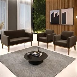 Sofá Namoradeira e 2 Poltronas Base Madeira Castanho Maressa Suede Mar
