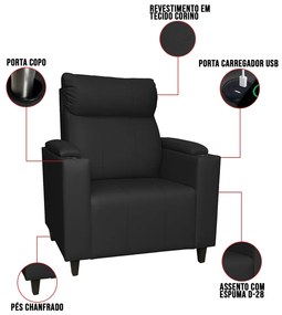 Poltrona do Papai com Puff USB e Porta Copos Ravella Sintético R04 - D'Rossi
 - Preto