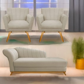 Kit Diva Recamier Vanessa 185cm Lado Direito e 02 Poltronas Laura Suede - ADJ Decor