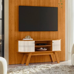 Painel TV 65 Pol 179cm Ripado Valen e Rack Bancada Rylan Cinamomo/Off White M20 - D'Rossi