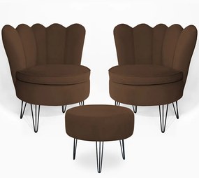 Conjunto 2 Poltrona Dália com Puff Chloe Pés Hairpin Legs Preto Veludo Marrom