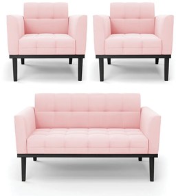 Conjunto 2 Poltronas e 1 Namoradeira Decorativa Karen Pés Fixo em Madeira Preto Suede Rosa Bebê G19 - Gran Belo