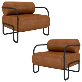 Kit 2 Poltronas Decorativas Sala de Estar Polatsk Base Industrial de Ferro PU Caramelo G33 - Gran Belo