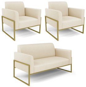 Sofá Namoradeira com 2 Poltronas Base Industrial Alta Dourado Marisa Corino D03 - DRossi - Bege