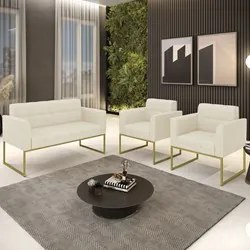 Sofá Namoradeira e 2 Poltronas Base Industrial Dourado Ana Linho Bege