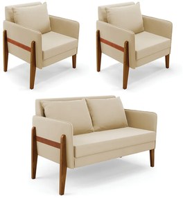 Kit 1 Sofá Namoradeira e 2 Poltronas Lana Suede Bege Base de Madeira - D'Rossi