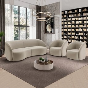 Conjunto Sofá Sala de Estar Bipartido 240cm e 2 Poltronas Clarke Veludo Bege G45 - Gran Belo