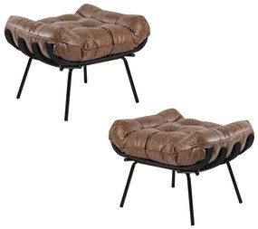 Kit 2 Puff Decorativo Sala de Estar Costela Base Preta Couro Mel G34 - Gran Belo