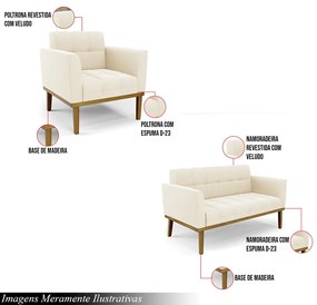 Conjunto Poltrona e Namoradeira Decorativas Karen Pés Fixo em Madeira Castanho Veludo Bege G19 - Gran Belo