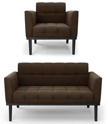 Sofá Namoradeira e 1 Poltrona Base Madeira Preto Ana Suede Marrom - Ib