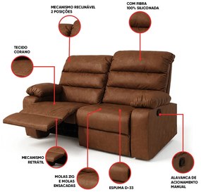 Sofá 2 Lugares Reclinável Retrátil 170cm Naaman Sintético PU K01 - D'Rossi - Nozes
