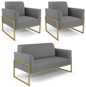 Sofá Namoradeira com 2 Poltronas Base Industrial Alta Dourado Marisa Linho Grafite A26