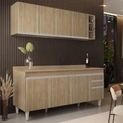 Armário Cozinha e Balcão Com Tampo 180cm Dallas Castanho    - Lumil