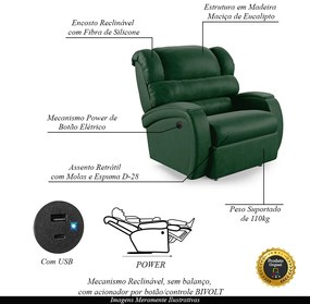 Poltrona do Papai Sala de Cinema Reclinável Kylie Power Elétrica USB PU Verde Musgo G23