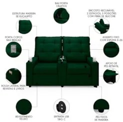 Poltrona de Cinema Reclinável 2 Lugares Baú USB Mallie FH9 Veludo Verd