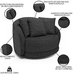 Poltrona Decorativa Giratória para Sala 122cm Kaly M22 Linho Chumbo -