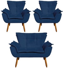 Conjunto 2 Poltronas e 1 Namoradeira Pés Palito Charger Suede Azul Marinho G19 - Gran Belo