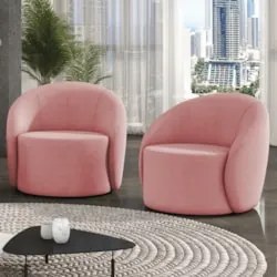 Poltrona Sala Decorativa Redonda Kit 2 Steve Suede Rosê I01 - Mpozena
