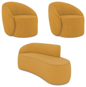 Sofá 3 Lugares Orgânico 180cm Morgan e 2 Poltronas Lua Veludo Mostarda D03 - D'Rossi