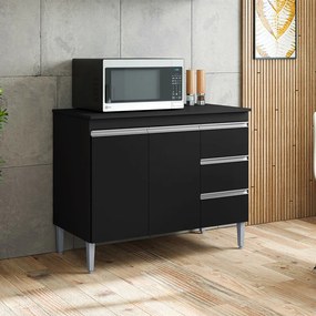 Balcão Cozinha com Tampo 100cm 3 Gavetas Leticia Preto A01 - D'Rossi