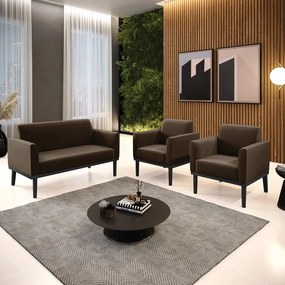 Sofá Namoradeira com 2 Poltronas Base de Madeira Fixa Preto Marisa Suede  D03 - D'Rossi - Marrom