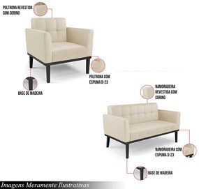 Conjunto 2 Poltronas e 1 Namoradeira Decorativa Karen Pés Fixo em Madeira Preto PU Bege G19 - Gran Belo