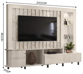 Estante de TV 70 Pol 243cm Ripado Sala de Estar Nivora M20 - D'Rossi - Calacata e Off White