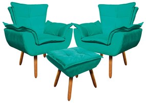 02 Poltronas e 01 Puff Pé Palito de Madeira Opala Suede - Verde Turquesa