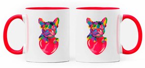 Caneca Cachorro Colorido Bulldog Nerd Branca com Alça Vermelha