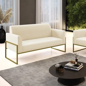 Sofá Namoradeira Base Industrial Alta Dourado Marisa Veludo - Bege