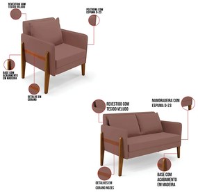 Kit 1 Sofá Namoradeira e 2 Poltronas Lana Veludo Rosê Base de Madeira