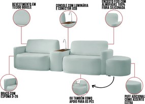 Sofá Sala Modulado 319cm com Puff Console USB Luminária Brumma Bouclê K01 - D'Rossi - Azul