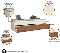 Bicama Solteiro Cama Auxiliar 100% MDP Chiara Off White/Carvalho - Pho