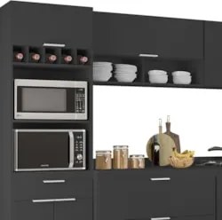 Armário de Cozinha Com Tampo CP06 310cm Pérola Preto Z34      - Mpozen