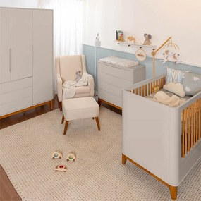 Kit Quarto Infantil Boom com Pés Square Mel - Berço Slim + Guarda-Roupa + Poltrona Ginga e Puff Ginga  + Cômoda 4 Gavetas - Areia Fosco